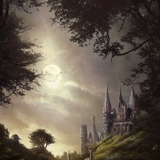 Image similar to a hidden village in the trees, victorian setting, dramatic light, castle background, clouds, moon, storm, night, high detail, fantasy background, painted by greg rutkowski, digital art, trending on artstation