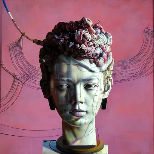 Image similar to Sandra Chevrier, floating vaporwave marble head bust, award winning masterpiece with incredible details, Zhang Kechun, a surreal vaporwave vaporwave vaporwave vaporwave vaporwave painting by Thomas Cole of a floating old pink mannequin head with cables and wires coming out of it's neck, sinking underwater, highly detailed