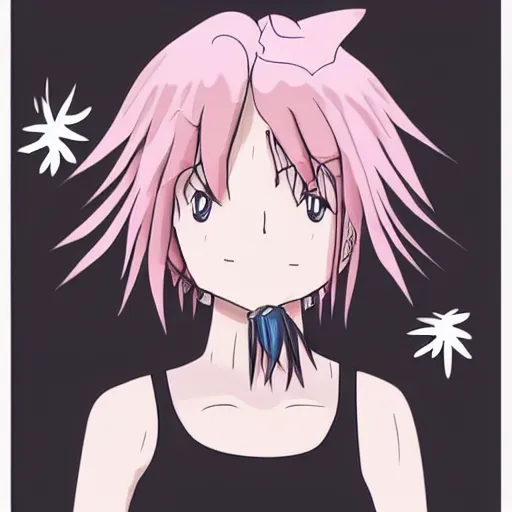 Image similar to anime woman with short pink hair in a bob style, light brown eyes, blue tank top, black pants, waving and smiling, anime art style like princess Mononoke