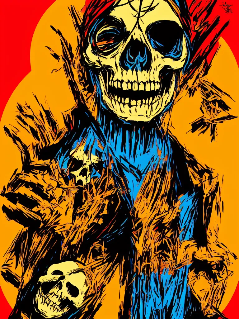 Image similar to poster of skeletor with the word fear, red yellow orange black and cream colors, poster by shepard fairey