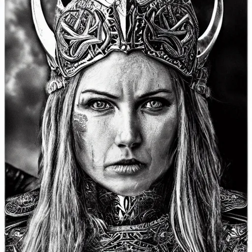 Image similar to hyper realistic pencil drawing of a viking princess, intricate detail, beautiful, battle armor, war, fight, light, dragon, colorful