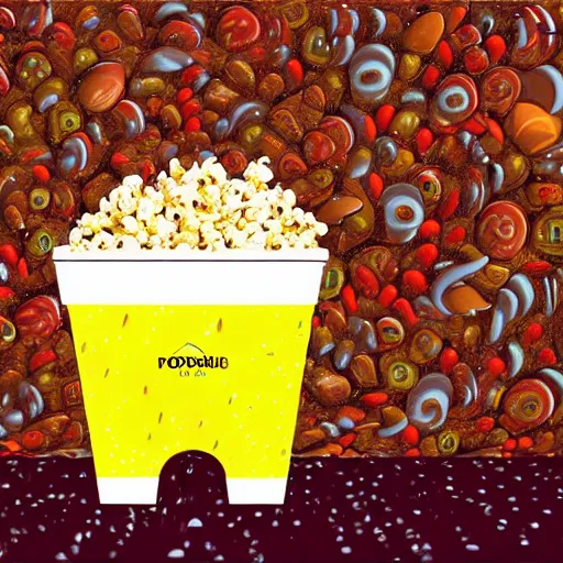 Prompt: a surrealist painting of a world made out of food with popcorn rain and chocolate ponds, in the style of pixar, animation