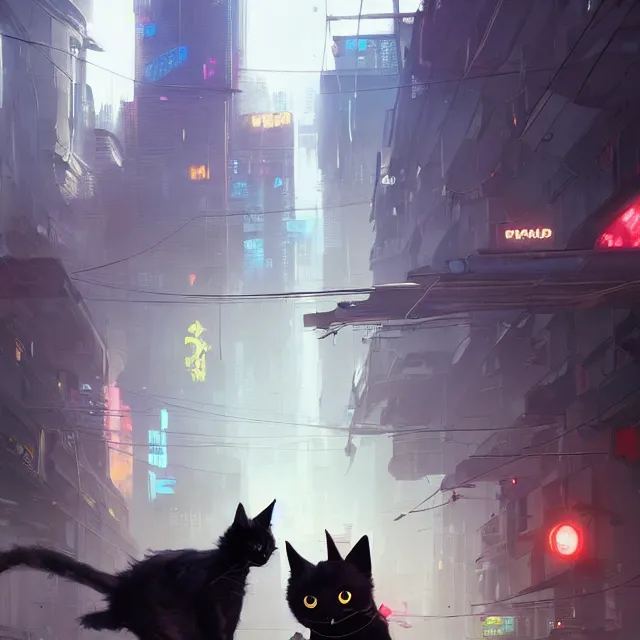 Image similar to a painting of a cute black cat in cyberpunk city. character design by cory loftis, fenghua zhong, ryohei hase, ismail inceoglu and ruan jia. volumetric light, detailed, rendered in octane