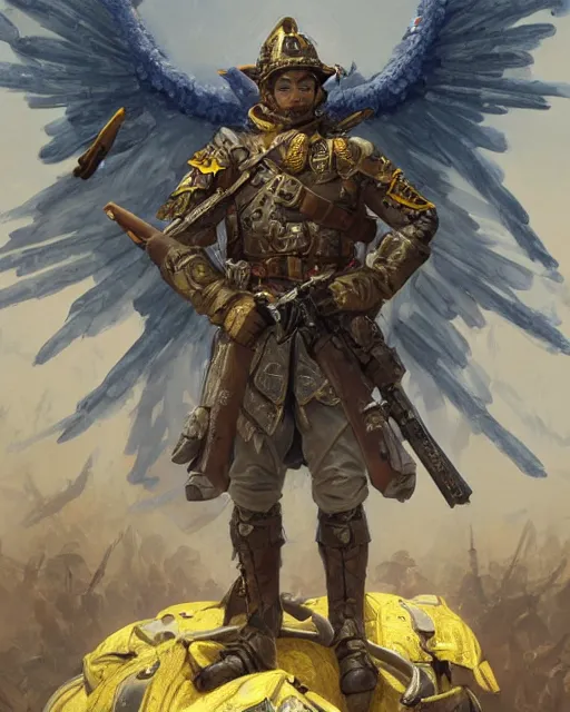 Image similar to A military soldier with angel wings with a blue and yellow flag behind him is standing on a pile of skulls in triumph after the battle, D&D, fantasy, intricate, elegant, highly detailed, digital painting, artstation, concept art, matte, sharp focus, illustration, hearthstone, art by Artgerm and Greg Rutkowski and Alphonse Mucha