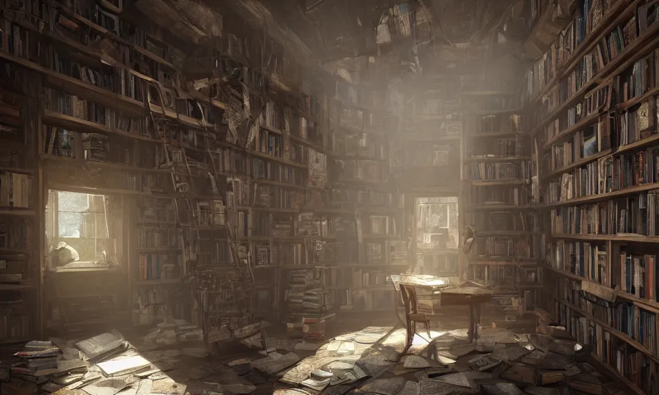 Prompt: old decrepit attic filled with bookshelves by Greg Rutkowski, ArtStation, CGSociety, ultra realistic, ray tracing, 3d render, HDR, Unreal Engine