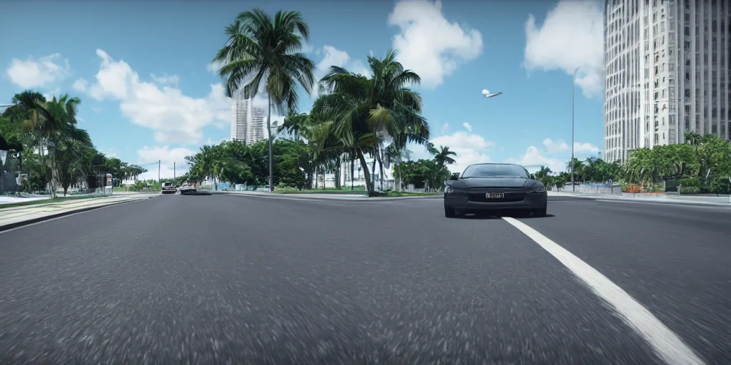 Prompt: car driving across miami, third person bumper camera, realistic, vray, path traced, render