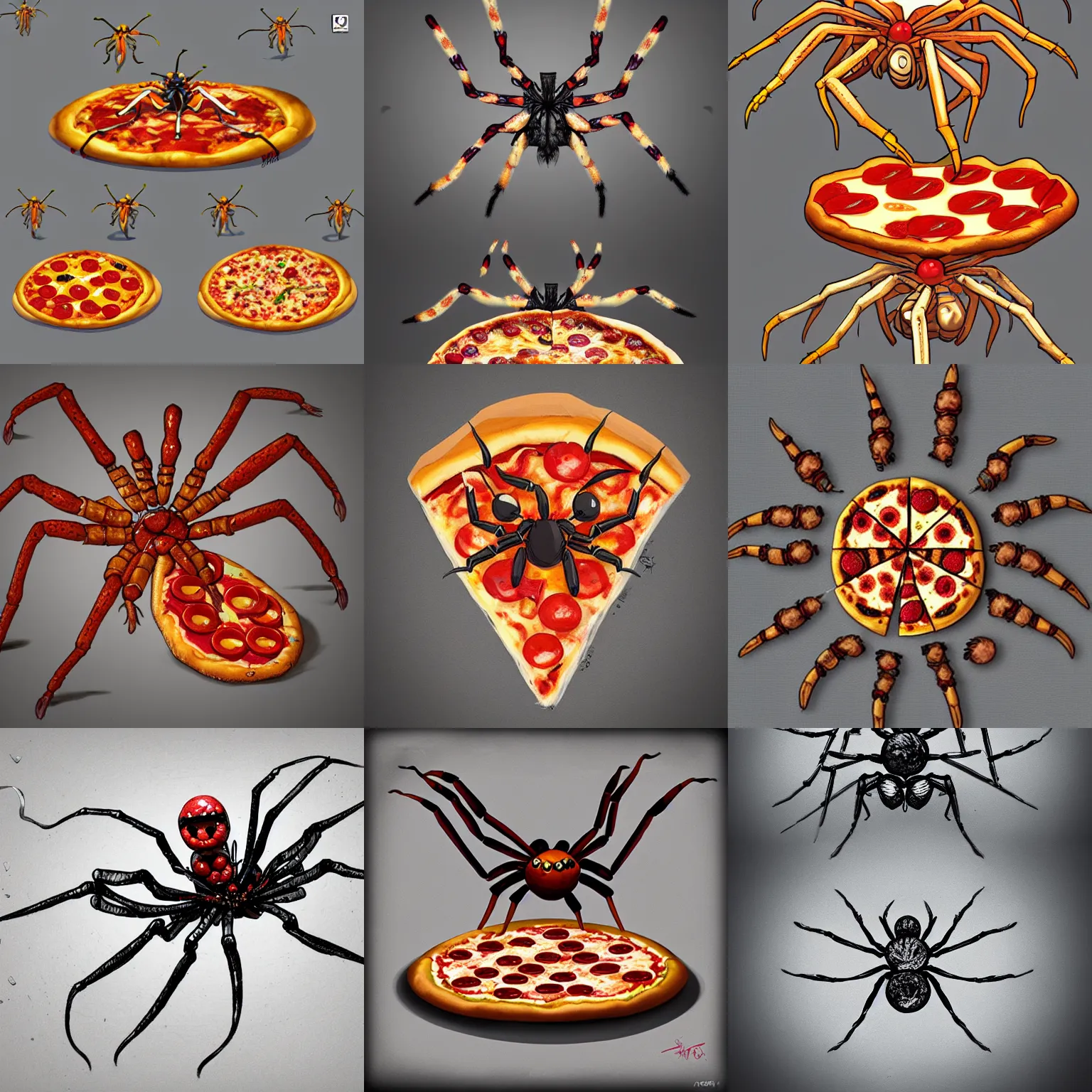 Prompt: concept art of a pizza spider, digital art, artstation