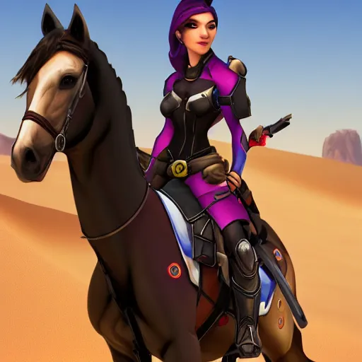 Image similar to widowmaker overwatch in the desert riding on a horse, black and red jacket, collar around neck, very detailed face, feminine face, full body