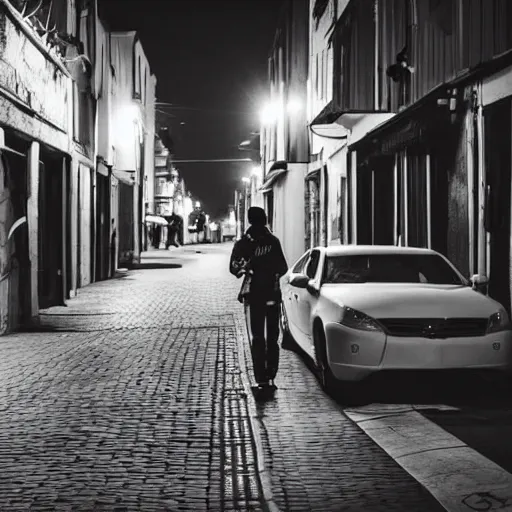 Image similar to guy with white hoodie and skateboard stands looking doen in an emoty street at night. cars parked. long street. very noisy. noise. noise effect.