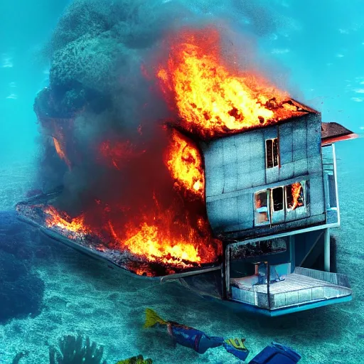 Image similar to a house burning underwater, with a humanoid robot, 8 k resolution, colorful, mariana trench