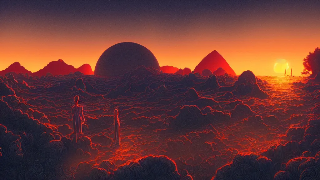 Image similar to sunset at the other side of nowhere, sharp digital painting. dreaming latent space. concept art. artstation. casey weldon. digital render. dan mumford. clean retro. bruce pennington.
