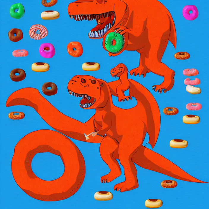 Prompt: t-rex surrounded by donuts, digital art, 4k