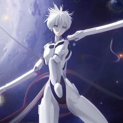 Prompt: !dream VFX SIMULATION, This is a digital art piece by Yoshiyuki Sadamoto that is trending on artstation. It is a 8K UHD image of Rei Ayanami, a female anime character, inside a space station with technological rings. She is shot from the ground by Yoshiyuki Sadamoto. The environment is a concept design and the art is hyper realistic with intricate details.