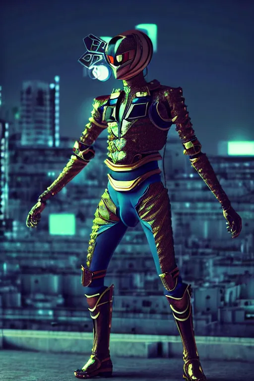 Image similar to kamen rider big technical belt hero action pose, full body portrait, human structure bee concept art, human anatomy, intricate detail, hyperrealistic art and illustration by irakli nadar and alexandre ferra, blurry and sharp focus, on future tokyo night rooftop, unreal 5 engine highlly render, global illumination