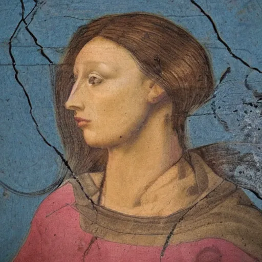 Image similar to fresco material portrait of a sad lady 2 7 years old, with wasp