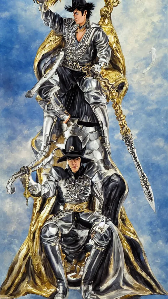 Prompt: full body portrait of Kujo Jotaro in white steel armour of god sit on the vampire style throne with silver long sword like a cobra in his left hand and long sceptreat with gold and sapphire curved on it. Precise, epic and thick western classical oil painting style.