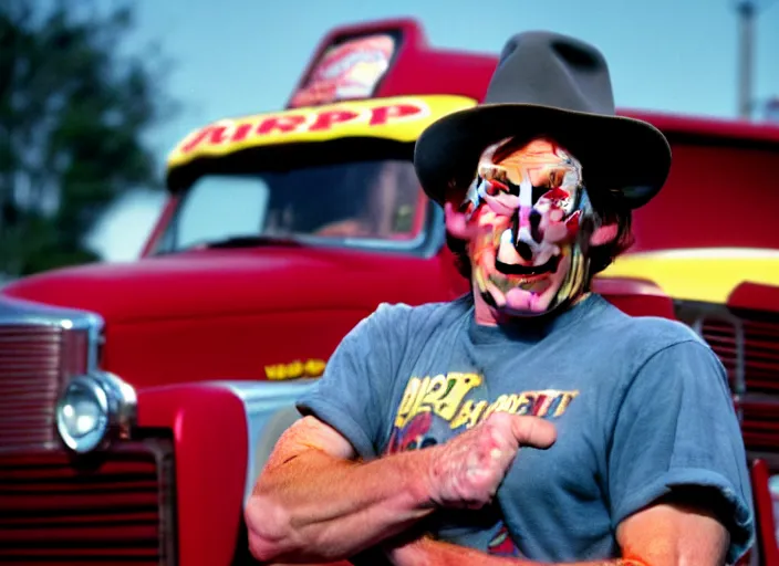 Image similar to photo of jim varney as ernest p worrell as a monster truck driver, 8 k, 8 5 mm f 5. 6