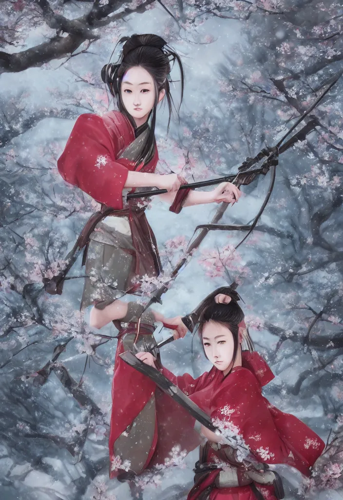 Image similar to detailed matte painting of girl samurai in hakama with swords and rifles, in snow forest sakura cherry blossom, taisho roman, by wlop and krenz kushart, elite, elegant, luxury, perfect face, fine details