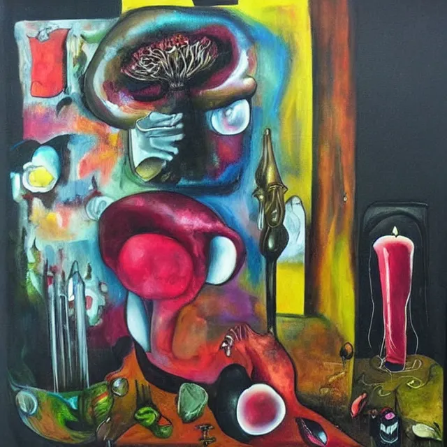 Image similar to “ surrealism, a portrait in a female art student ’ s apartment, mushrooms, sensual, art supplies, a candle dripping white wax, berry juice drips, acrylic and spray paint and oilstick on canvas, neoexpressionism ”