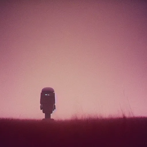 Prompt: the liminal observer droid by dennis mejillones, in a brutalist yet rural landscape by simon stalenhag, 3 5 mm film photography, dawn, eerie fog