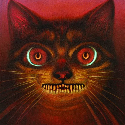 Image similar to grinning evil cat, HD, award winning, in style of beksinski, film grain, medium format, 8k resolution, oil on canvas