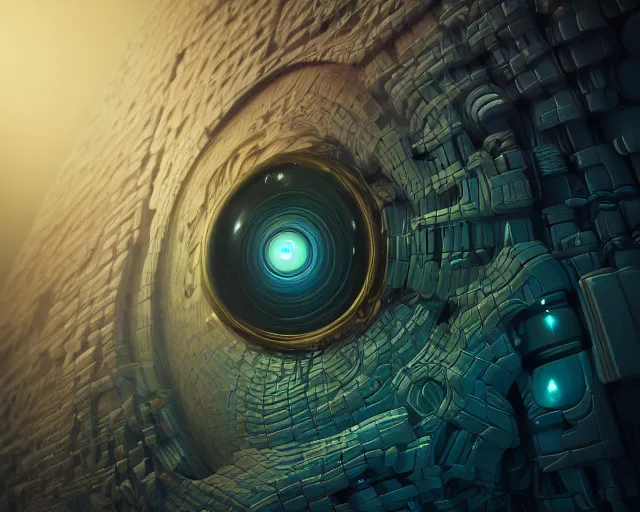 Image similar to portrait of dreamlike giant eye puzzle lock cube, intricate abstract. intricate artwork, by tooth wu, wlop, beeple, dan mumford. concept art, octane render, trending on artstation, greg rutkowski very coherent symmetrical artwork. cinematic, key art, hyper realism, high detail, octane render, 8 k, iridescent accents