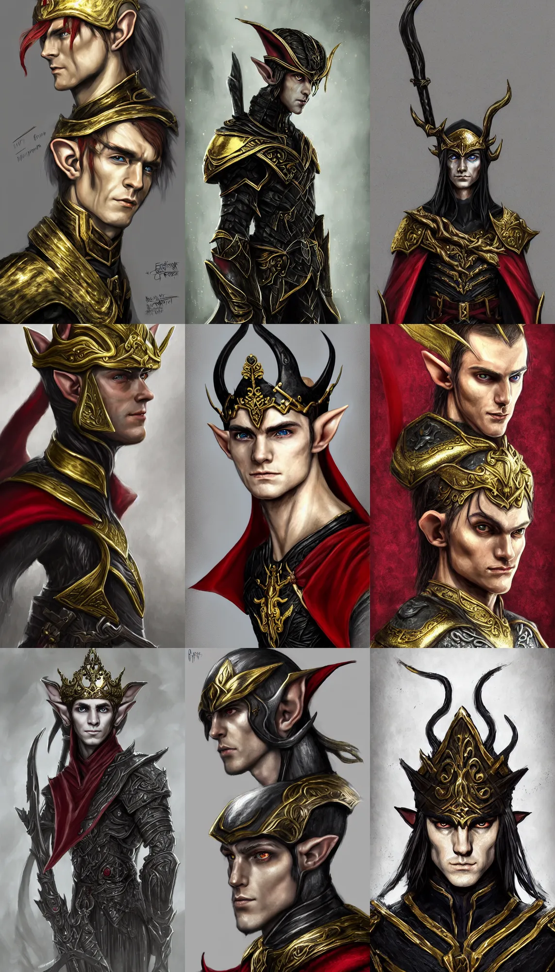 Prompt: A portrait of an elf, he is about 20 years old, red eyes, lean and muscular, attractive, military composure, royalty, smug look | he is wearing a black metal tiara, black heavy armor with gold plating, and a red cape | highly detailed portrait, side profile, digital painting, concept art, illustration, smooth, sharp focus, ArtStation, ArtStation HQ