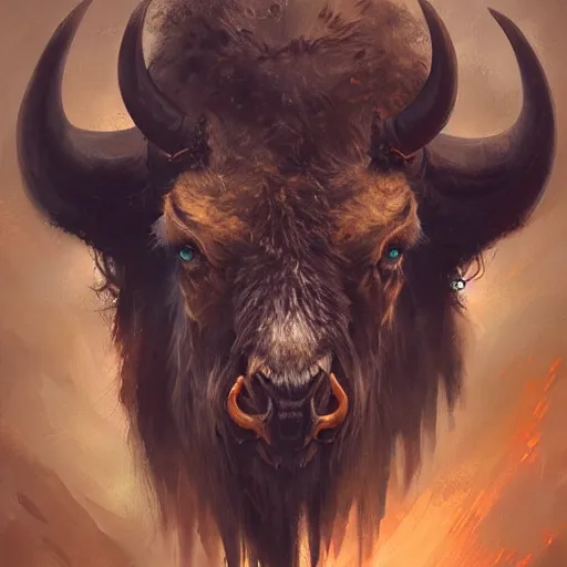 Image similar to angry bison portrait by greg rutkowski and frank frazetta, dark fantasy, blue, artstation