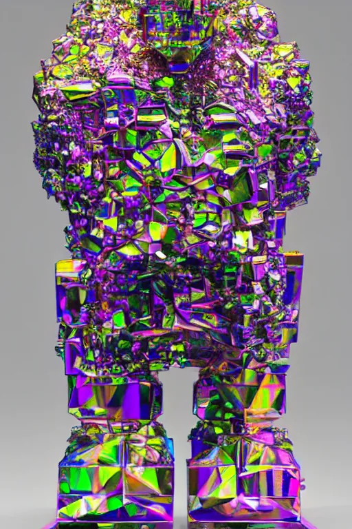 Prompt: a multicolored bismuth golem, an abstract sculpture by ryusei kishida, polycount, crystal cubism, angular, iridescent, made of crystals
