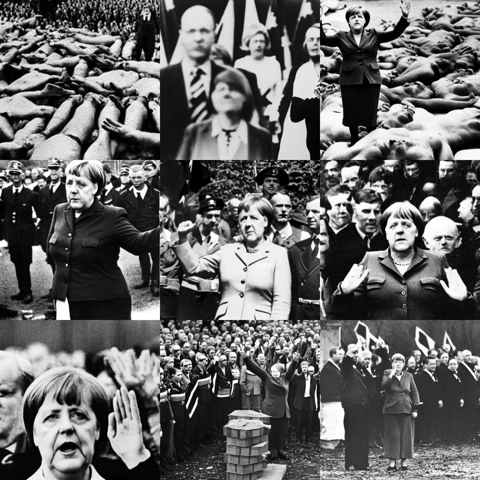 Prompt: a black and white photograph of angela merkel standing heroically on a pile of dead bodies while doing the nazi salute