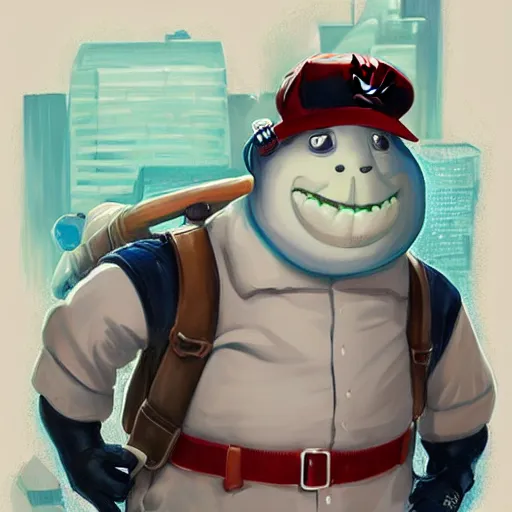 Image similar to a giant ghostbusters stay puff marshmallow man wearing timberland shoes and a yankee hat smoking a joint walking in new york city, highly detailed portrait, digital painting, artstation, concept art, smooth, sharp foccus ilustration, artstation hq