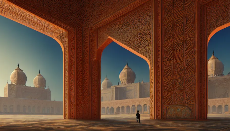 Prompt: the inside of a monument with mughal motifs, by tim blandin and arthur haas and bruce pennington and john schoenherr, big windows architecture by zaha hadid, octane render, cinematic, scenery, cgsociety, modernism, futuristic, trending on artstation, sci - fi, high detail, high quality, close up angle, people walking