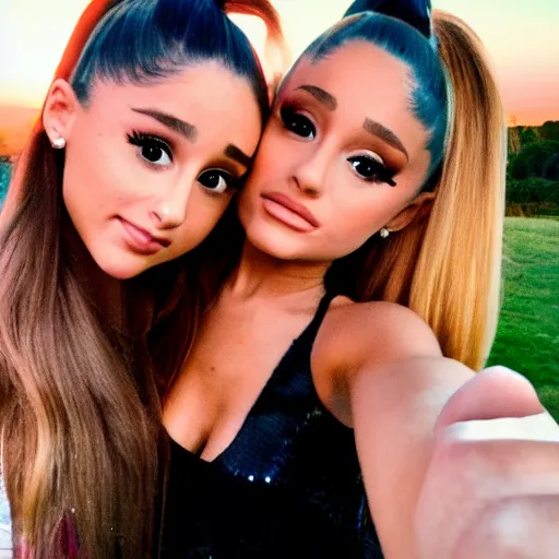 Prompt: Selfie photograph of Ariana Grande and Ariana Grande, golden hour, 8k,