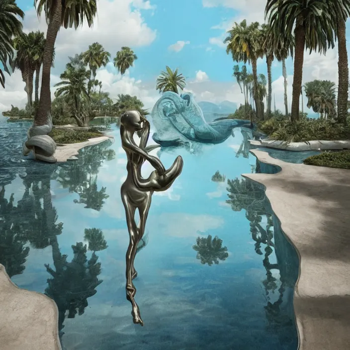 Image similar to hyperrealistic random objects in a surreal minimalistic dreamscape environment by salvador dali, enormous melting mannequin head statue, highly detailed, 3 d render, vray, octane, beautiful lighting, photorealistic, intricate, elegant, wayne barlowe, water, mirrors, doorway, beautiful, masterpiece, trending on artstation, artgerm, checkered floor, palm trees