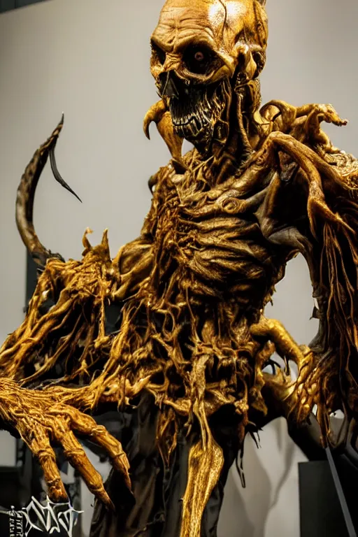 Image similar to photo taken of an epic intricate, ultra detailed, super realistic sculpture of a nightmarish hellish demonic grim reaper animatronic on display in a workshop, created by weta workshop, full body shots, photorealistic, sharp focus, f 0. 4, face centred, macro photography, golden ratio, golden hour