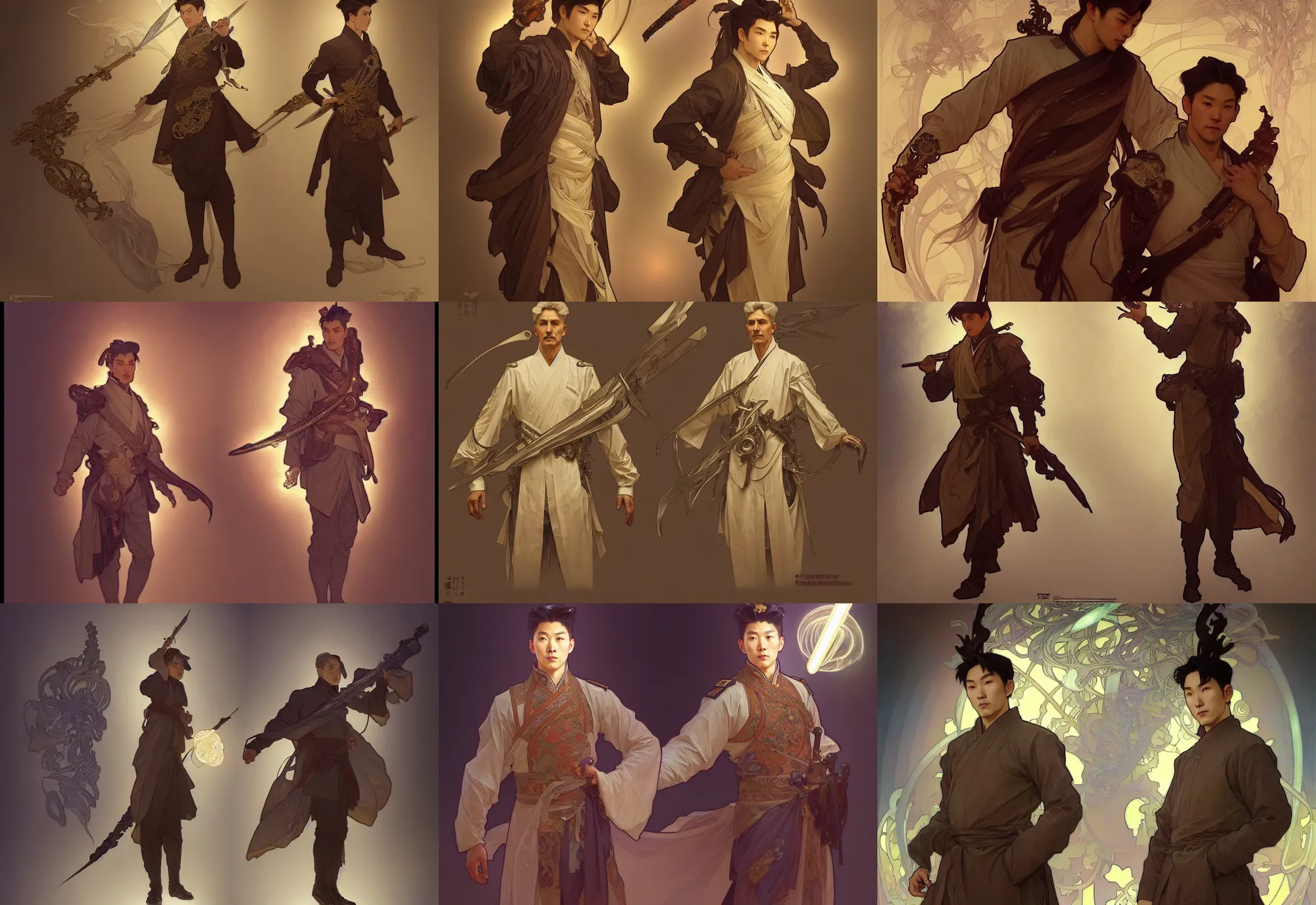 Prompt: a digital concept ar by artgerm and greg rutkowski and alphonse mucha. full body!! t pose!! clear portrait of a lonely attractive elder man in uniform of tang dynasty!! tang dynasty weapon, light effect. hyper detailed, character concept, glowing lights!! intricate, elegant, digital painting, artstation, smooth, sharp focus