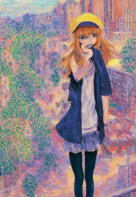 Prompt: wide angle portrait of a teenage girl, a thrifty outfit, very anime in impressionist style, city background, anime trending artwork, anime painter studio, by claude monet