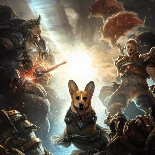 Image similar to portrait of corgi! as zeus the god of thunder, league of legends amazing splashscreen artwork, gears of war, splash art, natural light, elegant, photorealistic facial features, intricate, fantasy, detailed face, atmospheric lighting, anamorphic lens flare, cinematic lighting, league of legends splash art, hd wallpaper, ultra high details by greg rutkowski