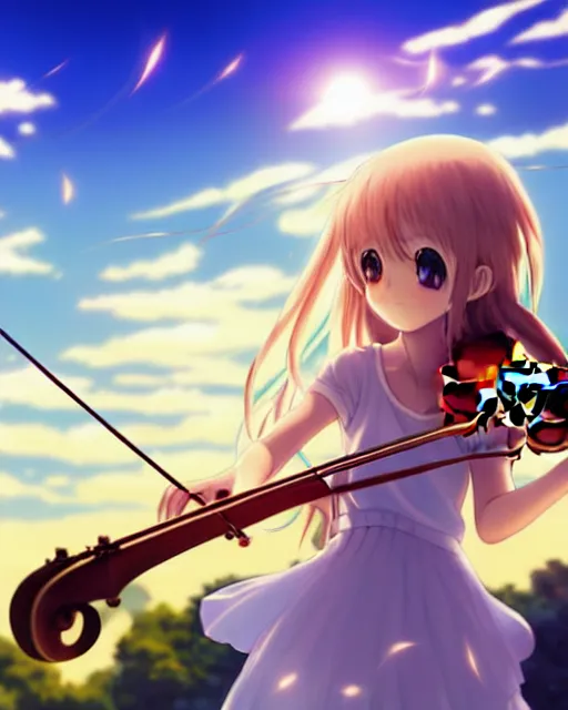 Prompt: anime style, realism, chibi, full body, a cute girl with white skin and golden long wavy hair holding a violin and playing a song, heavenly, stunning, realistic light and shadow effects, happy, centered, landscape shot, happy, simple background, studio ghibly makoto shinkai yuji yamaguchi