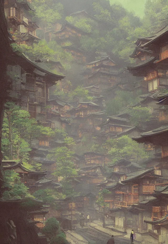 Prompt: a japanese city in the mountain, ryokans and edo era houses, yokai walking around, epic cyberpunk, lofi, vivid colors, amazing light, beautiful nature, by jeremy lipkin, by claude monet, heavily inspired by makoto shinkai, kandinsky touches, inspired by ghibli, masterpiece, beautiful, multiple brush strokes, impressionist style, high contrast