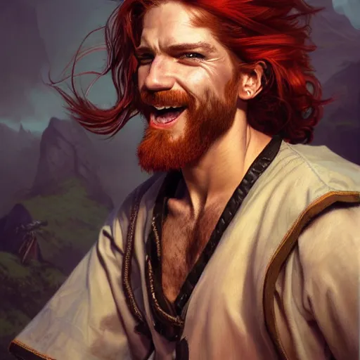 Image similar to portrait of a young ruggedly handsome but joyful pirate, male, masculine, upper body, red hair, long hair, d & d, fantasy, piercing gaze, sharp features, intricate, elegant, highly detailed, digital painting, artstation, concept art, matte, sharp focus, illustration, art by artgerm and greg rutkowski and alphonse mucha