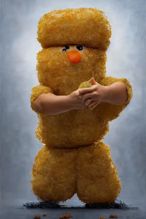 Image similar to channing tatum in a tater tot costume, oil on canvas, intricate, 8 k highly professionally detailed, hdr, cgsociety