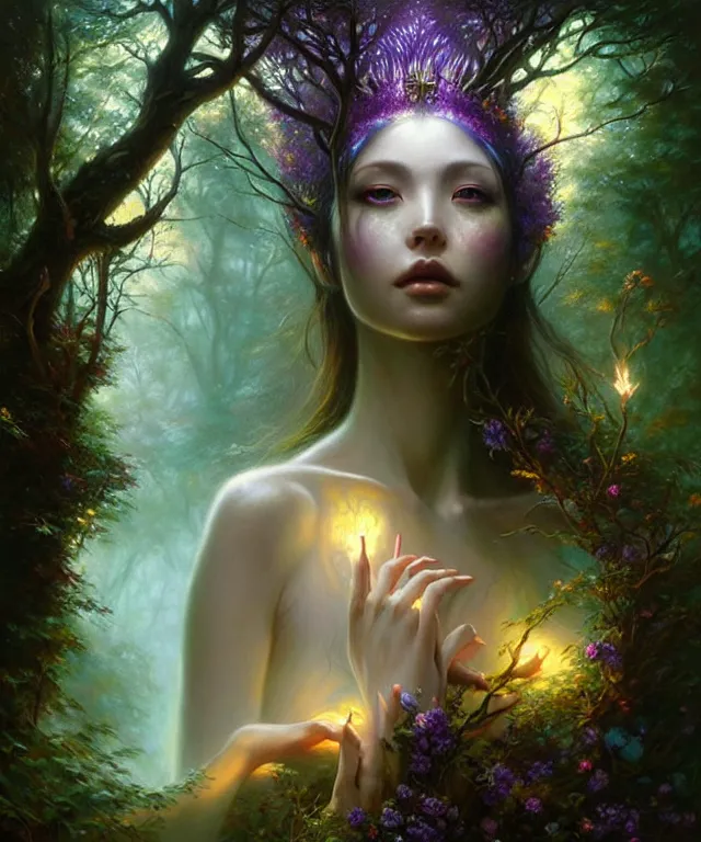 Image similar to ultra detailed photo realistic portrait painting of the beautiful empress of the enchanted glowing purple forest, volumetric lighting, depth of field by karol bak, greg rutkowski, peter mohrbacher and miho hirano.