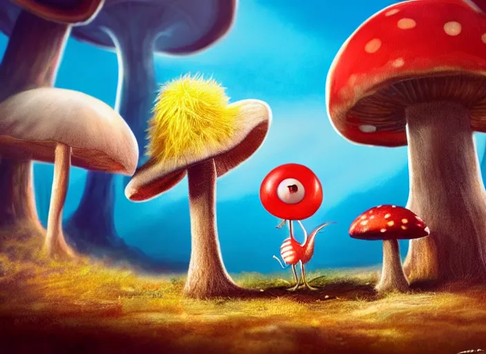 Image similar to a cute dr seuss creature sitting next to a mushroom, golden hour, fantasy, sharp focus, digital art, hyper realistic, 4 k, unreal engine, highly detailed, hd, dramatic lighting by brom, trending on artstation