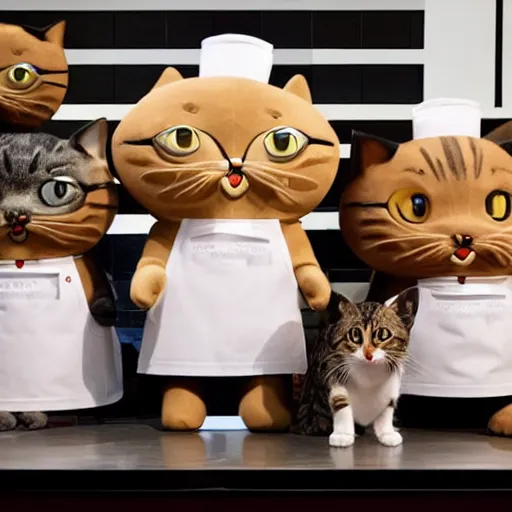 Prompt: anthropomorphic cats competing at masterchef, studio shot