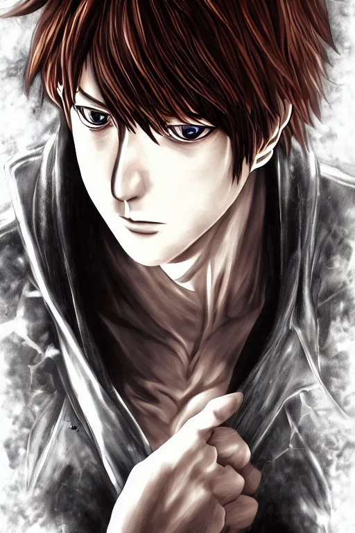 Prompt: light yagami, god of death, highly detailed, digital art, sharp focus, trending on art station, death note