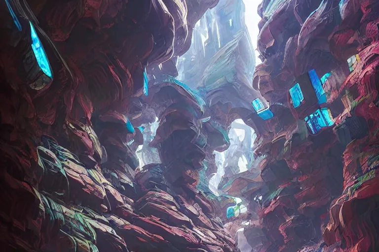 Prompt: futuristic cyberpunk city with lush garden located on rgb Antelope canyon, rocks formed by water erosion, beautiful smooth sandstone in unique shapes with light beams that shine through its walls, polish narrow slots of walls into a striated swirling finish, digital painting, concept art, smooth, sharp focus, from Star Trek 2021, illustration, by WLOP and Ruan Jia and Mandy Jurgens and William-Adolphe Bouguereau, Artgerm