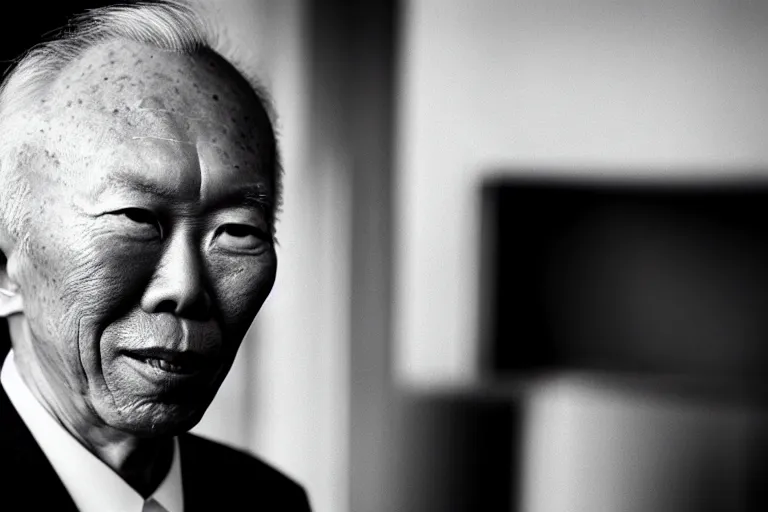 Prompt: black and white portrait photo of lee kuan yew, slight smile, natural light, low contrast, photo by Peter Lindbergh, 8K