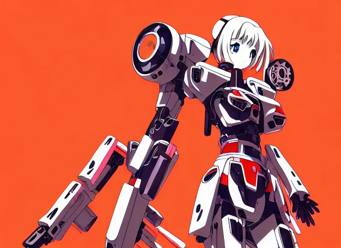 Image similar to anime girl beside her battle mecha,Karolis Strautniekas, omoide emanon, tsuruta kenji, murata range,kawaii, kyoto animation, manga, intricate, detailed, studio lighting, orange red black white, gradation,editorial illustration, matte print, Ilya Kuvshinov, fine stippling