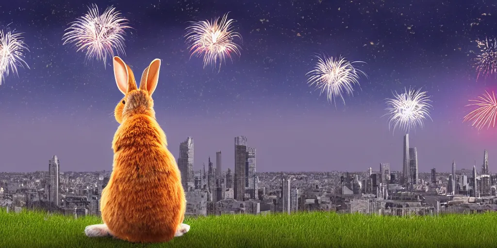 Image similar to a rabbit watching fireworks in the sky, sitting on a hill, city skyline in the background, nighttime, realistic digital art